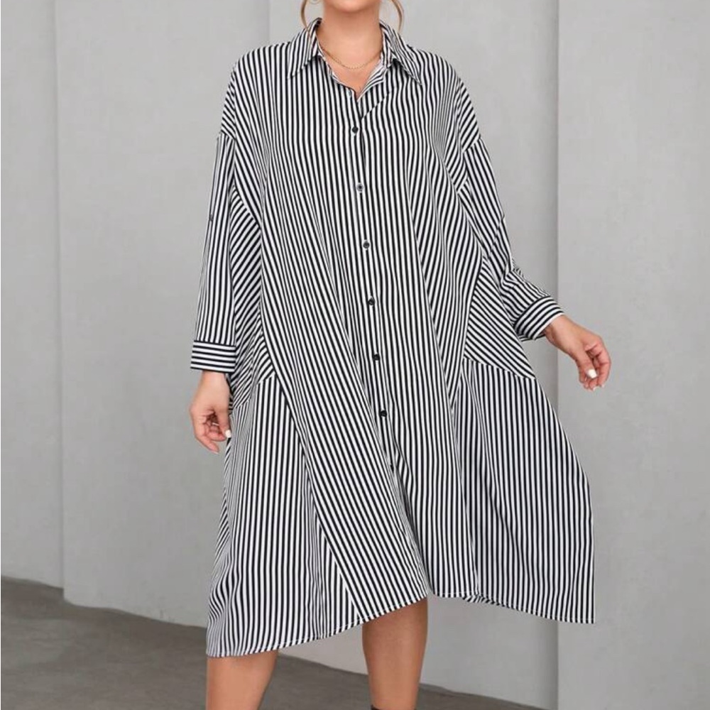 Classic Elegant Asymmetrical Hem Button Down Shirt Dress Black White - Picture 6 of 6